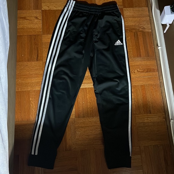 Adidas black with 3 white  stripe joggers size 10/12 Medium - Picture 2 of 5